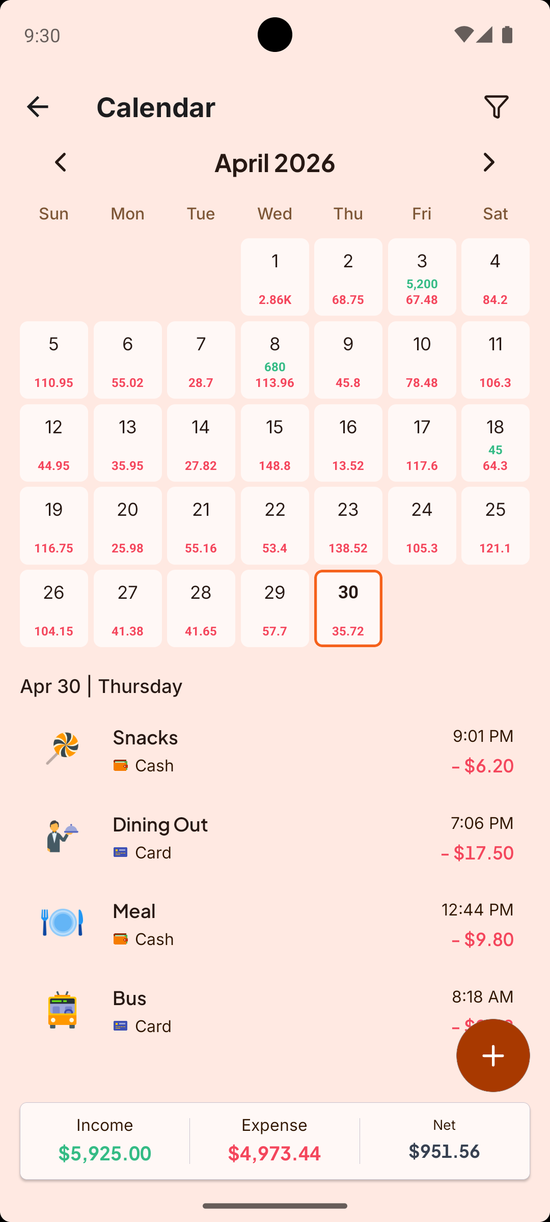 Expenny calendar screen